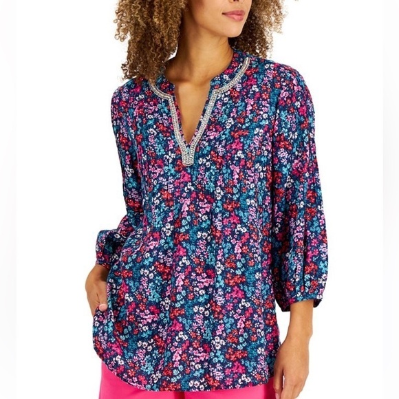 Linen Charter Club Luxury Cottahecore Line Blouse Women's Large Floral - Picture 2 of 12